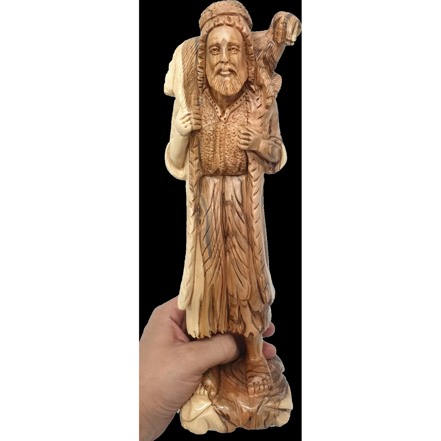 Olive Wood Good Shepherd Sculpture from the Holy Land — 12 Inch