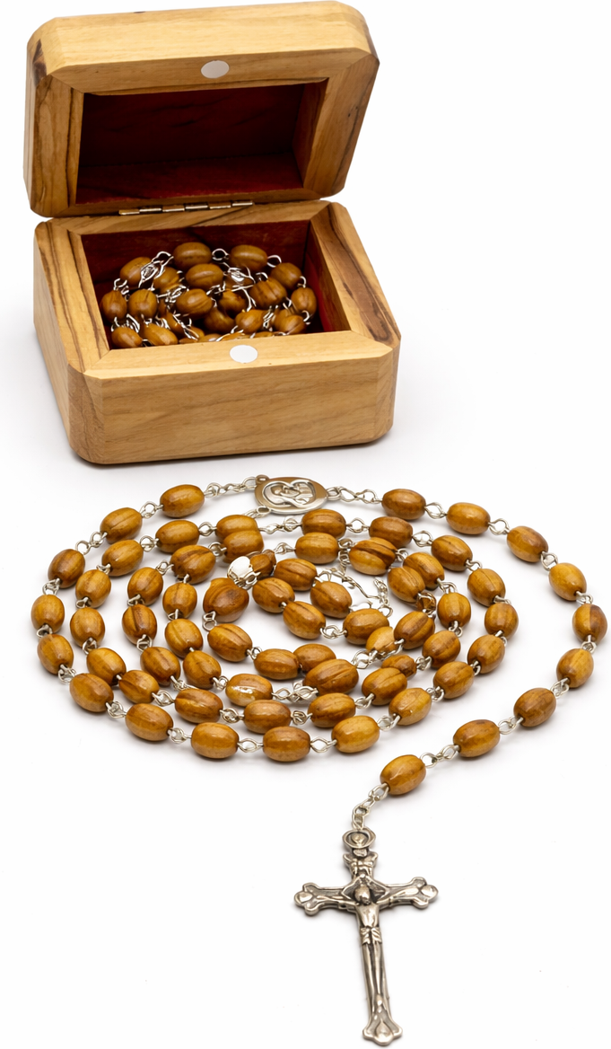 Olive Wood Rosary with Handmade Olive Wood Storage Box, Catholic Prayer Beads with Crucifix & Center Medal, Red Velvet Lined Box, Holy Land Style Gift for Baptism, First Communion & Confirmation, 60 cm