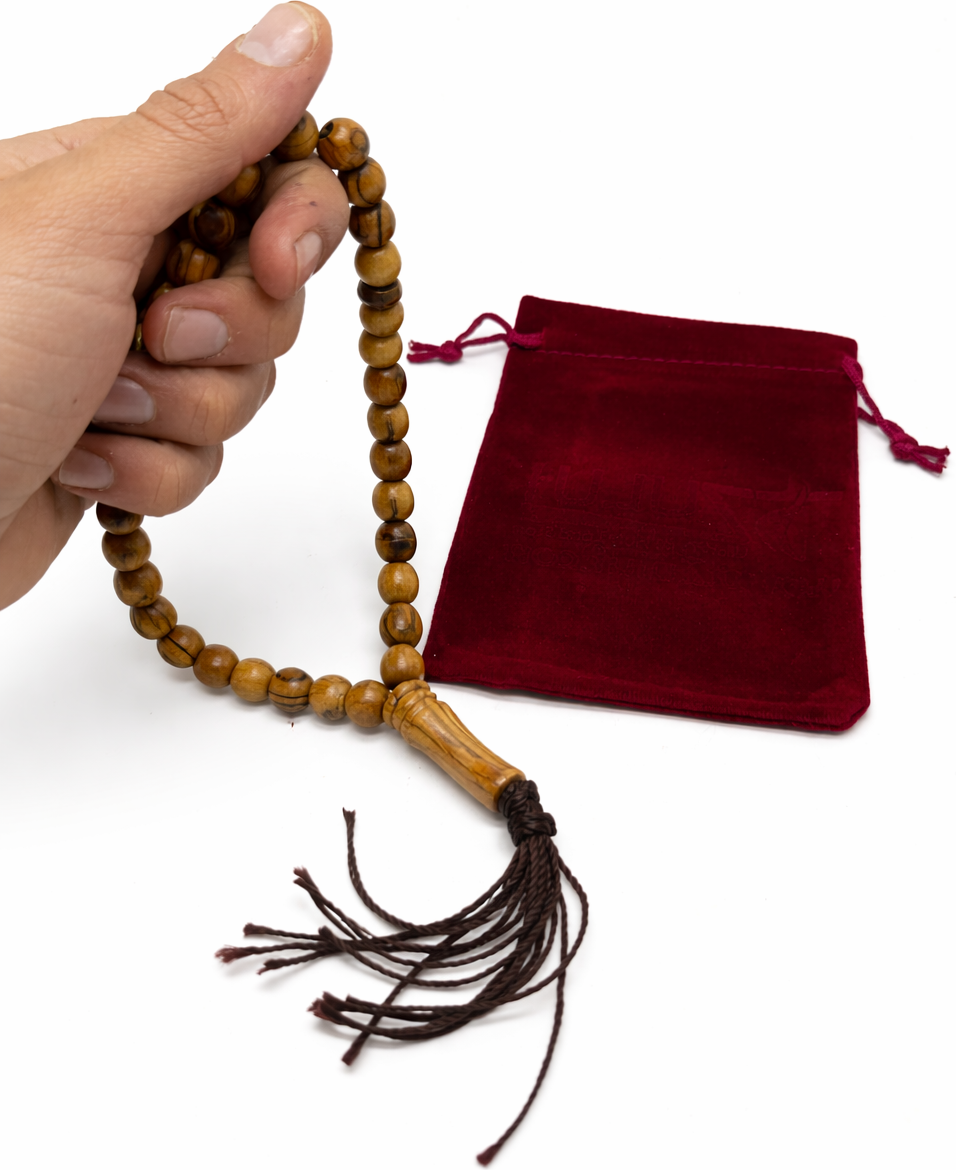 Olive Wood Prayer Beads 25 cm with Tassel, Handmade Wooden Worry Beads with Velvet Pouch, Smooth Round Beads for Prayer, Meditation & Daily Carry