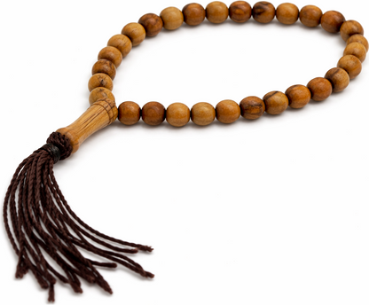 Olive Wood Prayer Beads 25 cm with Tassel, Handmade Wooden Worry Beads with Velvet Pouch, Smooth Round Beads for Prayer, Meditation & Daily Carry