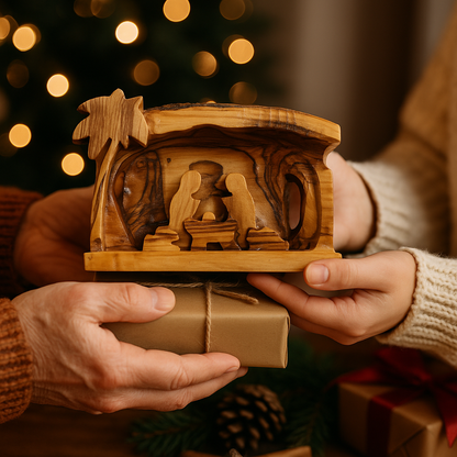 Hand Carved Olive Wood Nativity Scene from Bethlehem - Rustic Holy Family in Natural Bark Grotto