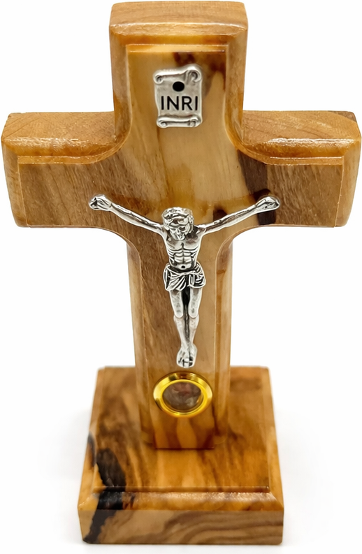 Handmade Olive Wood Crucifix from Bethlehem with Holy Land Relic – INRI Cross with Metal Corpus – Christian Gift (9x6 cm) 4.3 Inches