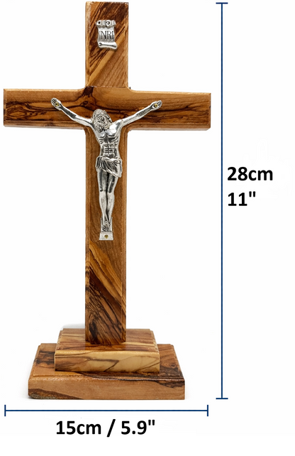 Handmade Olive Wood Crucifix from Bethlehem – Christian Cross with Metal Corpus & INRI – Holy Land Gift (4 Sizes)