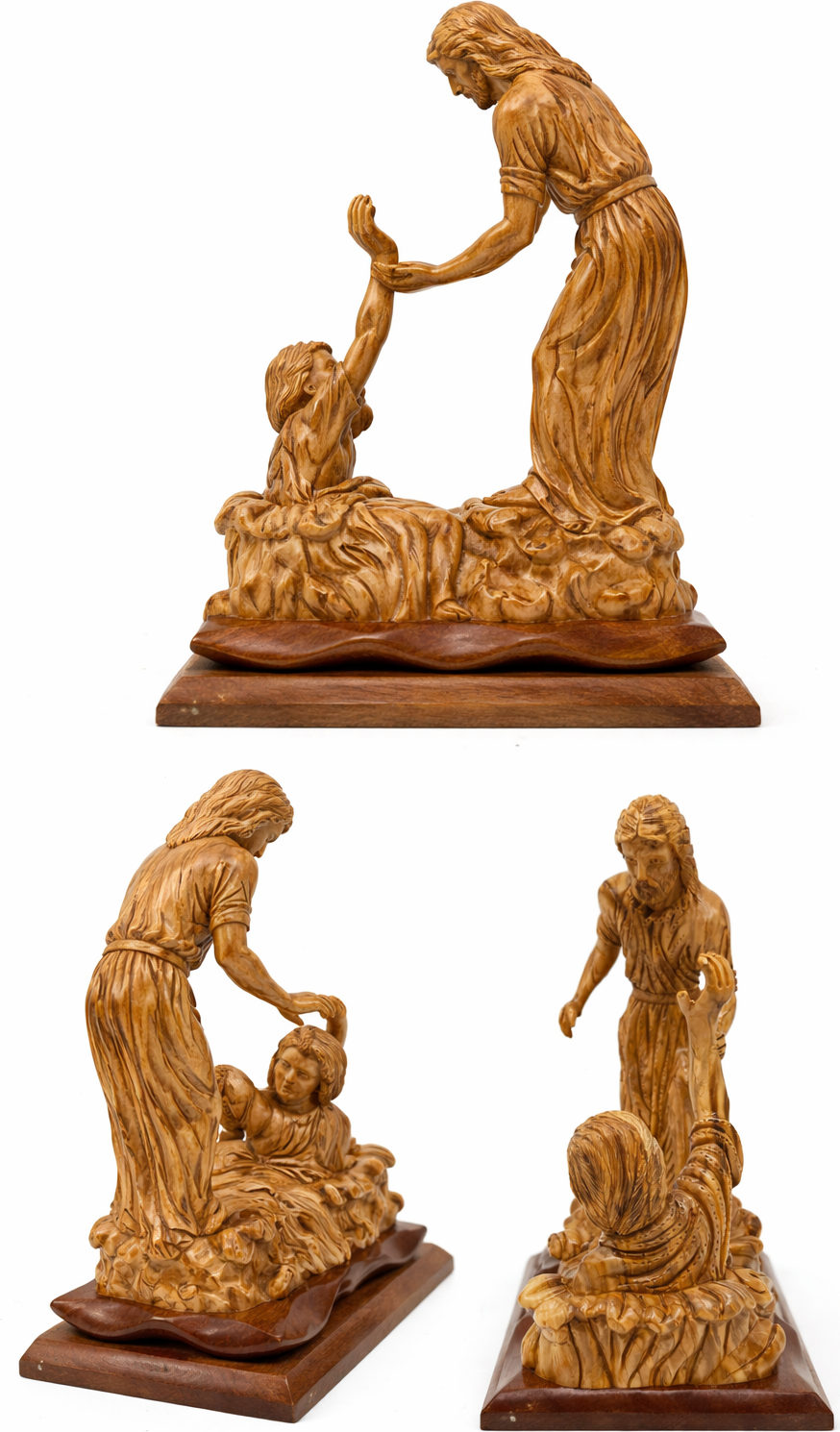 Hand Carved Olive Wood Jesus Saves Peter Statue | Handmade in Bethlehem, Holy Land — 14.8 Inch