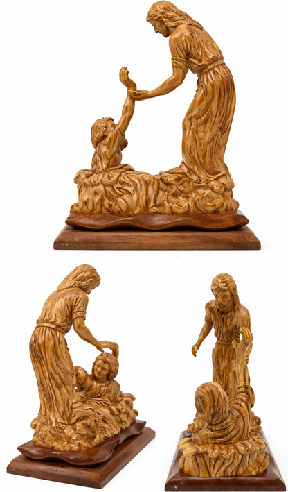 Hand Carved Olive Wood Jesus Saves Peter Statue | Handmade in Bethlehem, Holy Land — 14.8 Inch