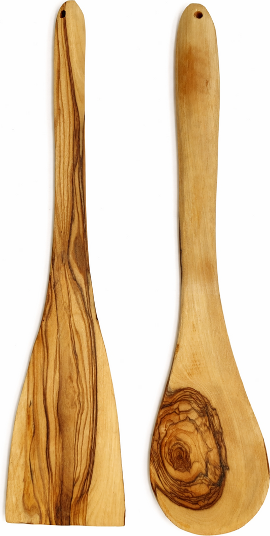Handcrafted Olive Wood Cooking Spoon & Spatula Set – Natural Wooden Kitchen Utensils (Medium & Large)