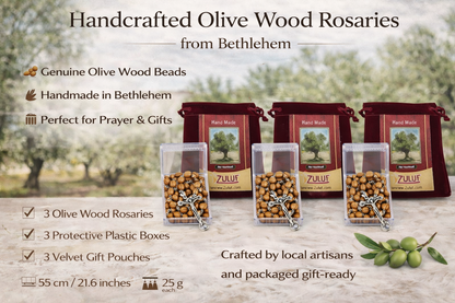 Olive Wood Rosary Handmade in Bethlehem – 21.6” Catholic Rosary with Metal Crucifix – Includes Velvet Bag, Plastic Gift Box & Certificate – Available in 1, 3 or 6 Pieces