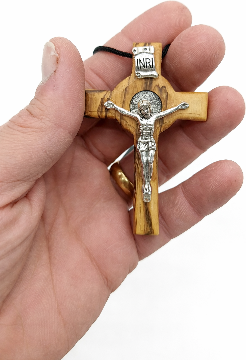 Handmade Olive Wood Saint Benedict Crucifix from Bethlehem – Catholic Cross with Cord, Velvet Bag and Certificate, 7.5 x 4.8 x 1.6 cm, 20g 3.0 Inches
