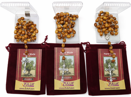 Olive Wood Rosary Handmade in Bethlehem – 21.6” Catholic Rosary with Metal Crucifix – Includes Velvet Bag, Plastic Gift Box & Certificate – Available in 1, 3 or 6 Pieces