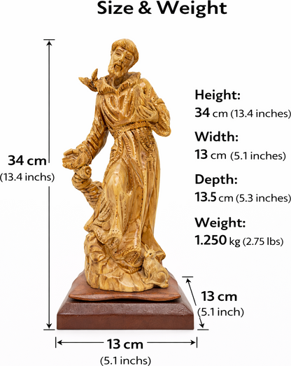 Hand Carved Olive Wood St. Francis of Assisi Statue | Handmade Bethlehem Holy Land Christian Sculpture — 13.1 Inch