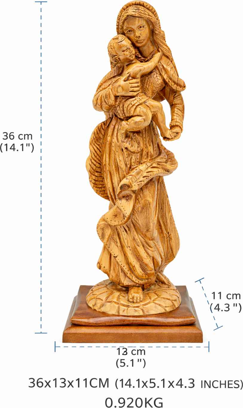 Hand Carved Olive Wood Virgin Mary & Baby Jesus Statue | Handmade in Bethlehem, Holy Land