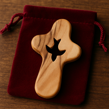 🕊️ Handcrafted Olive Wood Comfort Cross with Dove Cut-Out – Made in Bethlehem | Comes with Gift Bag & Certificate | Zuluf Holy Land Gift