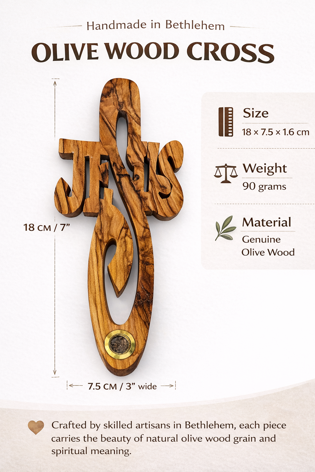 Handmade Olive Wood Jesus Cross from Bethlehem with Bethlehem Soil – Christian Wall Cross – 7" (18 cm)