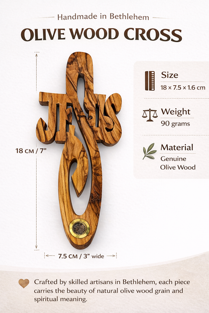 Handmade Olive Wood Jesus Cross from Bethlehem with Bethlehem Soil – Christian Wall Cross – 7" (18 cm)