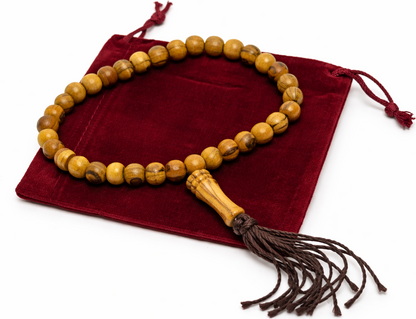 Olive Wood Prayer Beads 25 cm with Tassel, Handmade Wooden Worry Beads with Velvet Pouch, Smooth Round Beads for Prayer, Meditation & Daily Carry