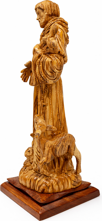 Saint Francis of Assisi Olive Wood Statue – Hand Carved in Bethlehem, Holy Land Christian Figurine (18.1 x 6.7 x 5.9 in) — 17.6 Inch
