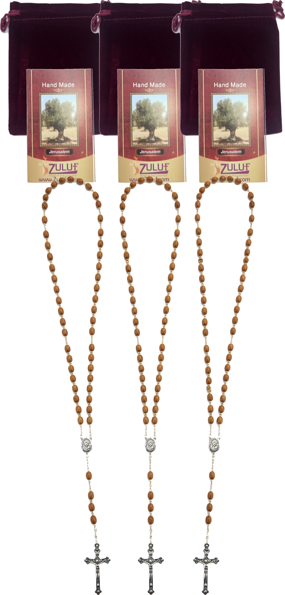 Olive Wood Rosary Handmade in Bethlehem – 23.6” Catholic Wooden Rosary with Silver Crucifix – Set of 3 or 6 – Includes Velvet Bags & Certificates – Holy Land Christian Gift