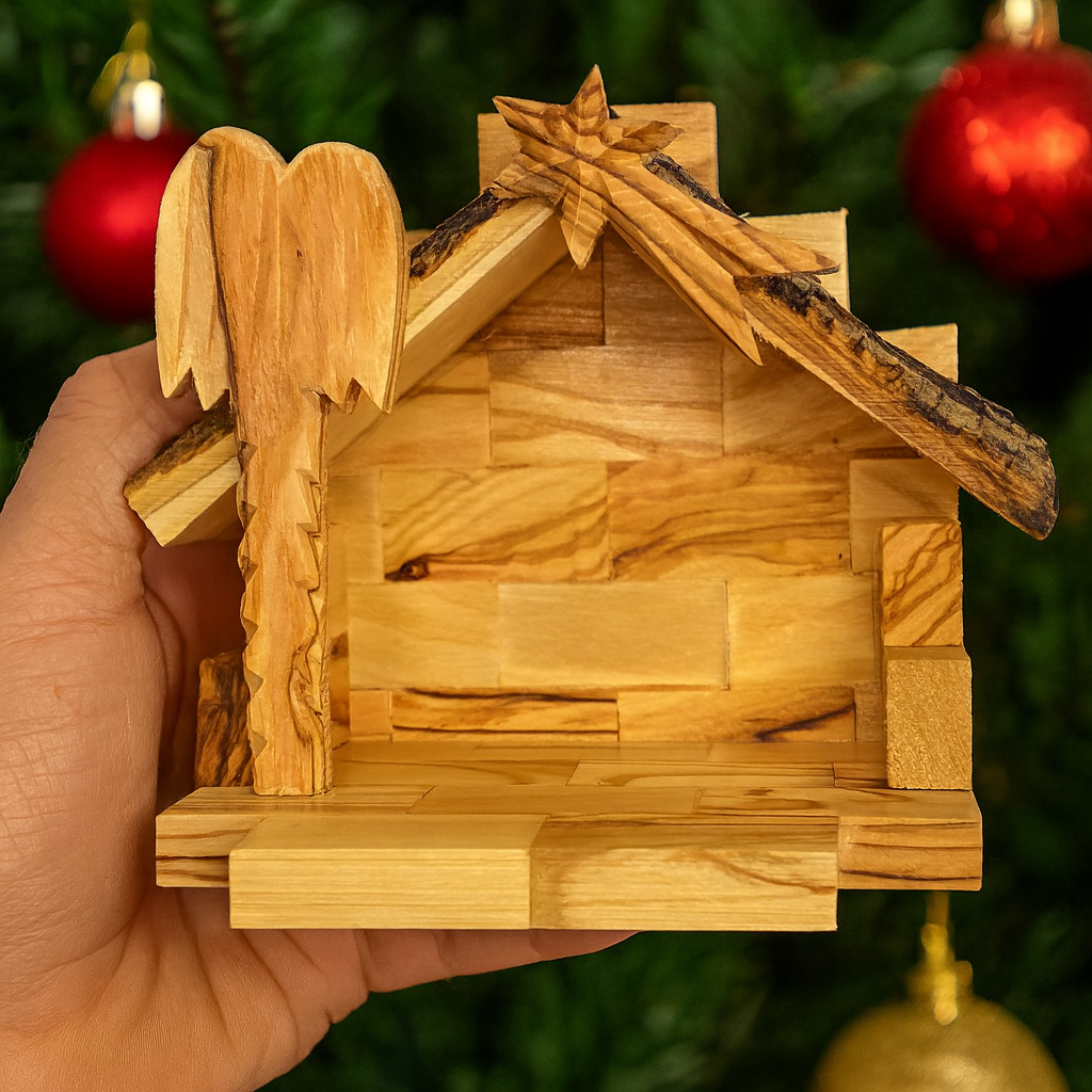 Hand-Carved Olive Wood Nativity Set with Stable from Bethlehem