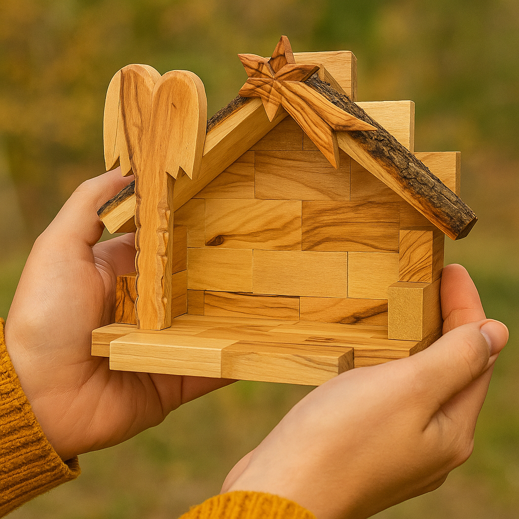 Hand-Carved Olive Wood Nativity Set with Stable from Bethlehem
