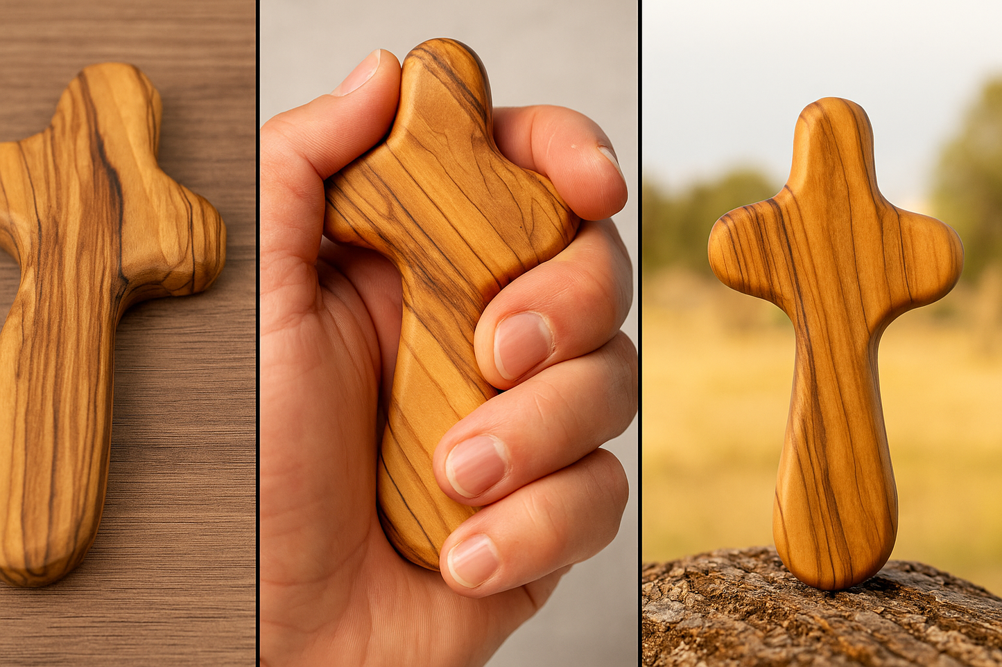 Olive Wood Hand Held Comfort Cross from Holy Land in Multiple Sizes