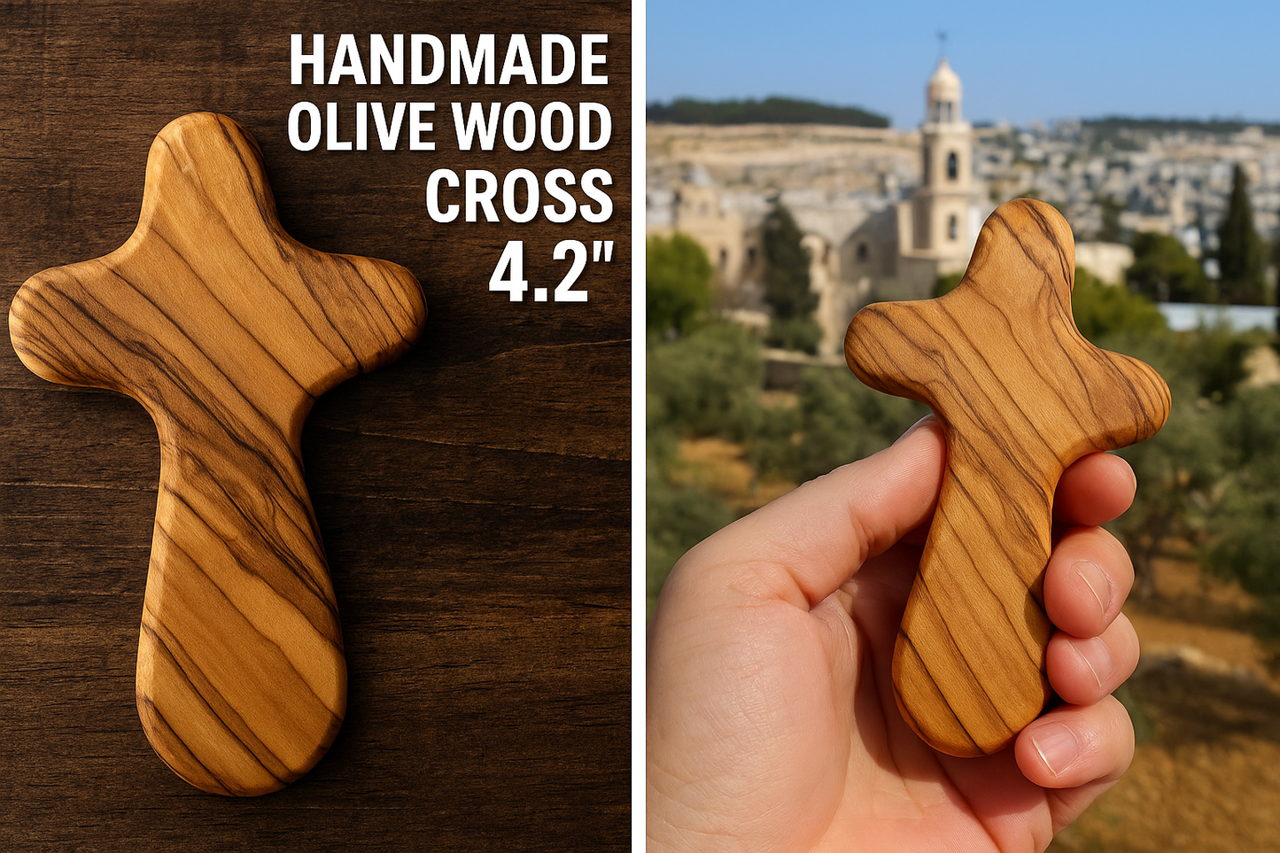 Olive Wood Hand Held Comfort Cross from Holy Land in Multiple Sizes
