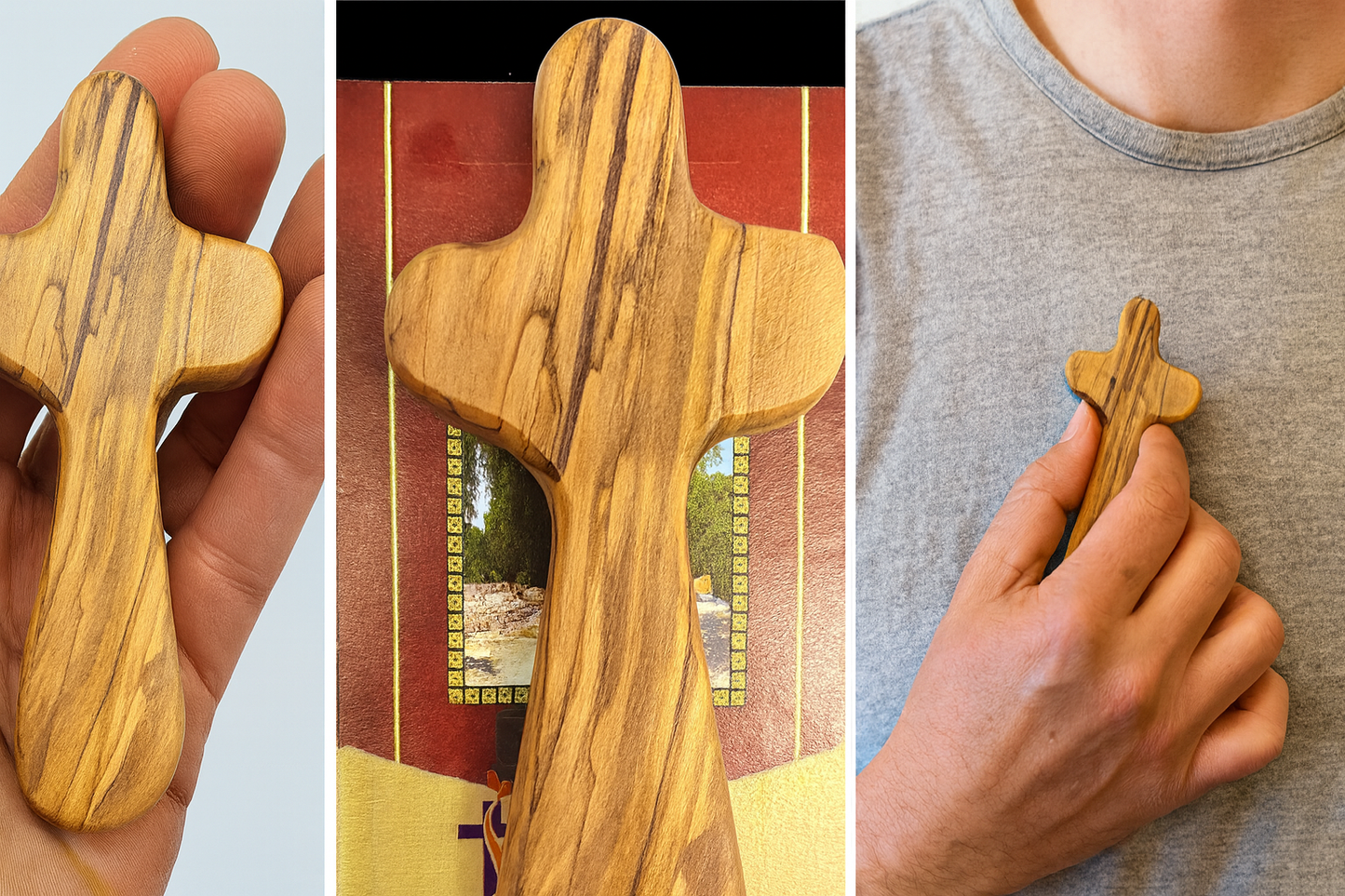 Olive Wood Hand Held Comfort Cross from Holy Land in Multiple Sizes