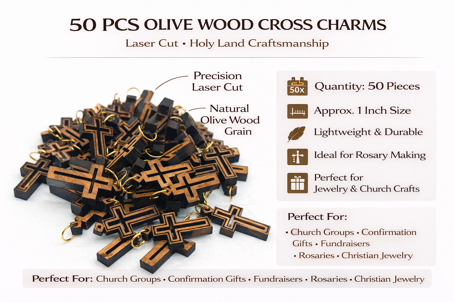 Double-Lined Laser-Cut Wooden Cross Pendant – 1.14" x 0.62" Elegant Faith Charm - Additional View 12