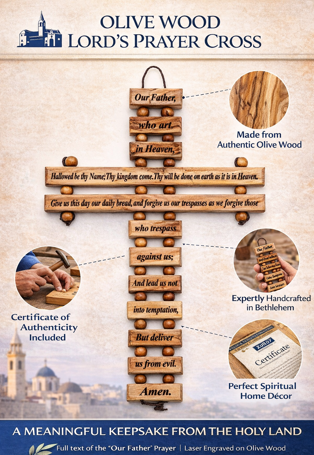 Olive Wood Lords Prayer Cross Wall Hanging - Detail View