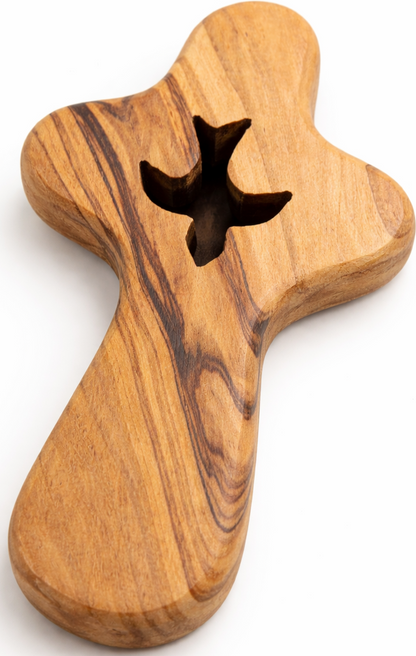 🕊️ Handcrafted Olive Wood Comfort Cross with Dove Cut-Out – Made in Bethlehem | Comes with Gift Bag & Certificate | Zuluf Holy Land Gift