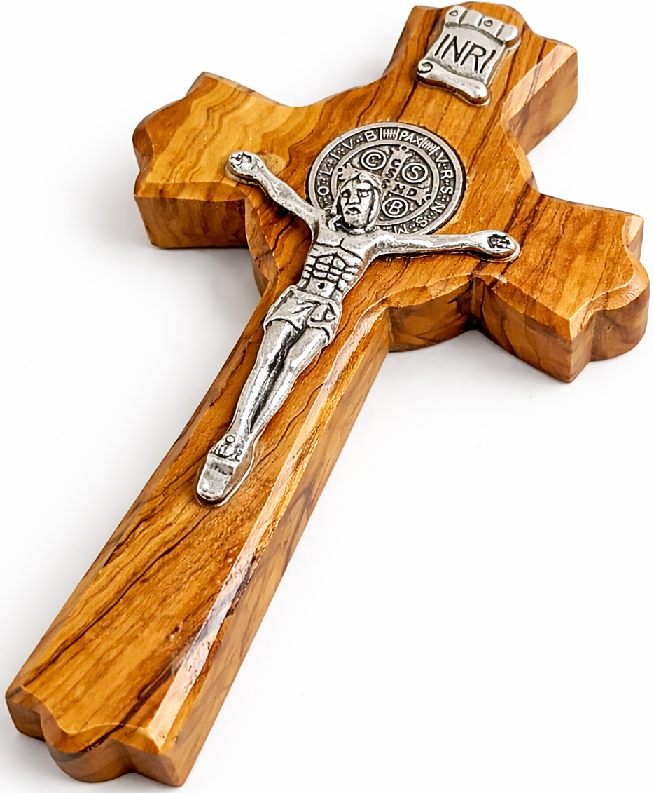 Handmade Olive Wood Saint Benedict Crucifix from Bethlehem – Holy Land Catholic Cross, 4 x 2.5 x 0.8 Inches, 45g