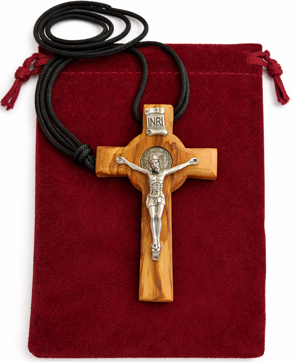 Handmade Olive Wood Saint Benedict Crucifix from Bethlehem – Catholic Cross with Cord, Velvet Bag and Certificate, 7.5 x 4.8 x 1.6 cm, 20g 3.0 Inches