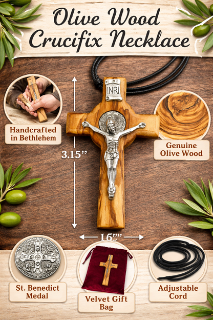 Handmade Olive Wood Saint Benedict Crucifix from Bethlehem – Catholic Cross with Cord, Velvet Bag and Certificate, 7.5 x 4.8 x 1.6 cm, 20g 3.0 Inches