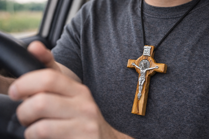 Handmade Olive Wood Saint Benedict Crucifix from Bethlehem – Catholic Cross with Cord, Velvet Bag and Certificate, 7.5 x 4.8 x 1.6 cm, 20g 3.0 Inches