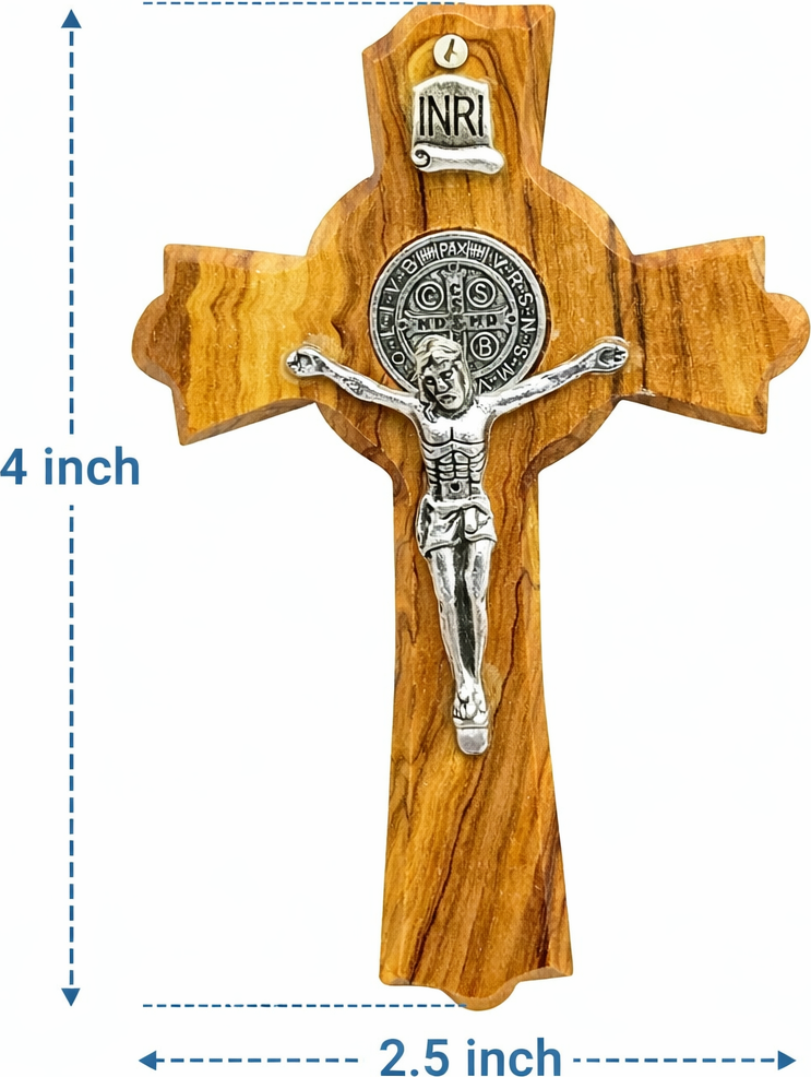 Handmade Olive Wood Saint Benedict Crucifix from Bethlehem – Holy Land Catholic Cross, 4 x 2.5 x 0.8 Inches, 45g