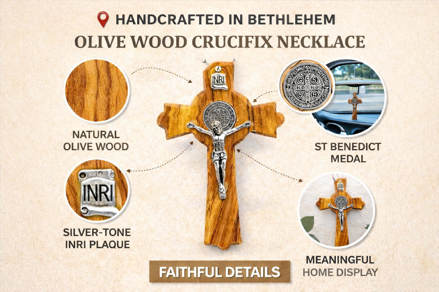Handmade Olive Wood Saint Benedict Crucifix from Bethlehem – Holy Land Catholic Cross, 4 x 2.5 x 0.8 Inches, 45g