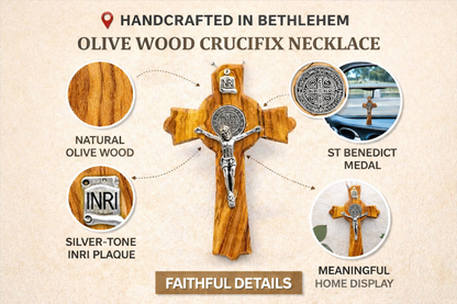 Handmade Olive Wood Saint Benedict Crucifix from Bethlehem – Holy Land Catholic Cross, 4 x 2.5 x 0.8 Inches, 45g