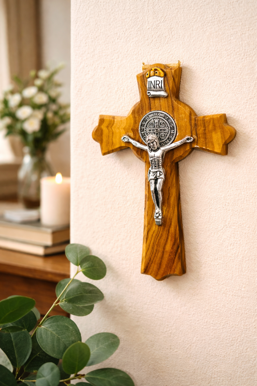 Handmade Olive Wood Saint Benedict Crucifix from Bethlehem – Holy Land Catholic Cross, 4 x 2.5 x 0.8 Inches, 45g