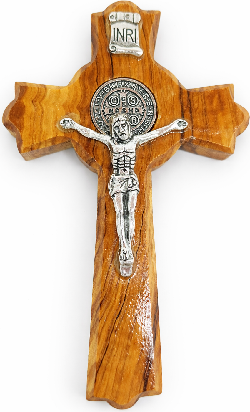Handmade Olive Wood Saint Benedict Crucifix from Bethlehem – Holy Land Catholic Cross, 4 x 2.5 x 0.8 Inches, 45g