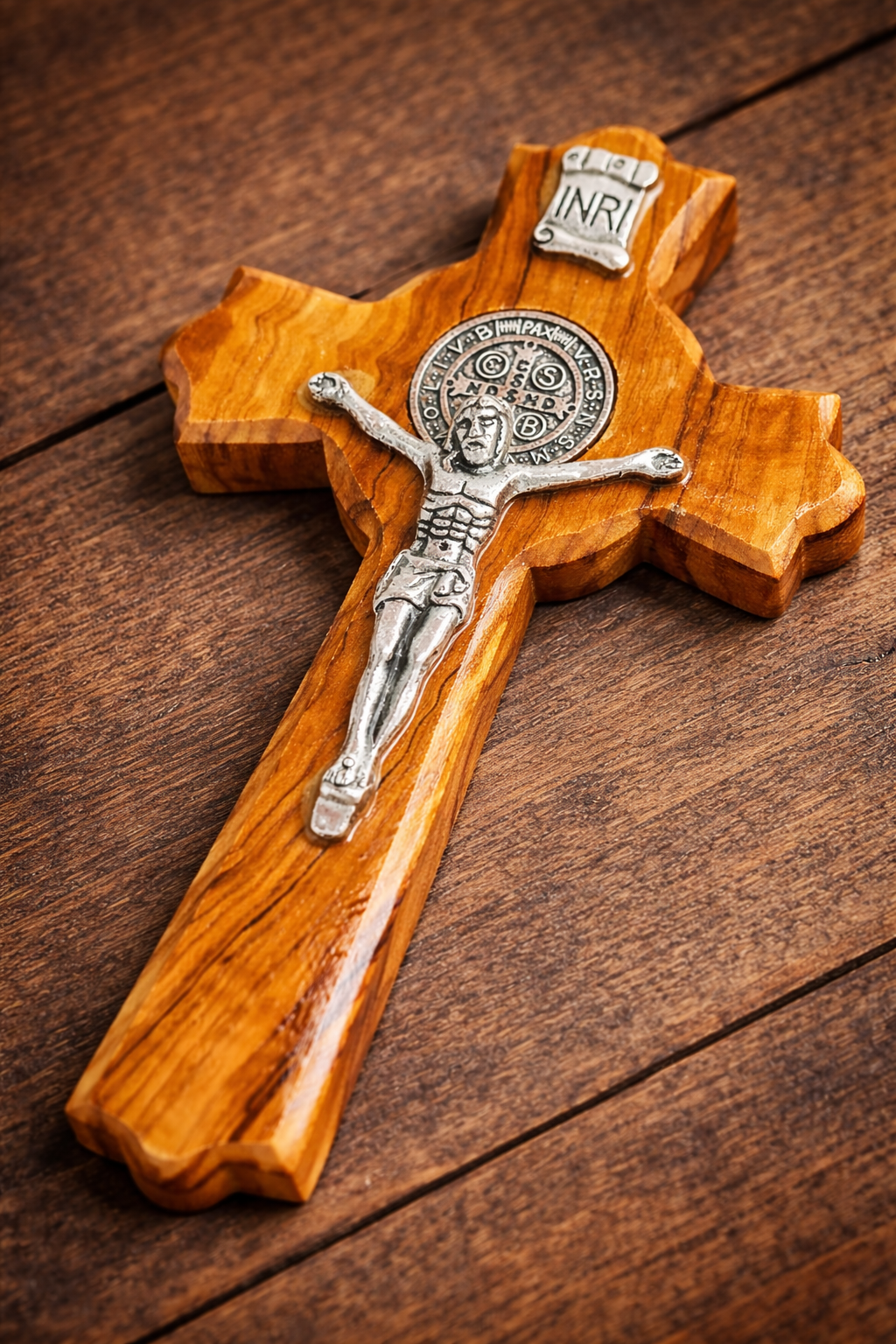 Handmade Olive Wood Saint Benedict Crucifix from Bethlehem – Holy Land Catholic Cross, 4 x 2.5 x 0.8 Inches, 45g