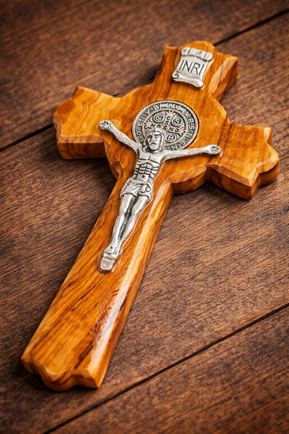 Handmade Olive Wood Saint Benedict Crucifix from Bethlehem – Holy Land Catholic Cross, 4 x 2.5 x 0.8 Inches, 45g