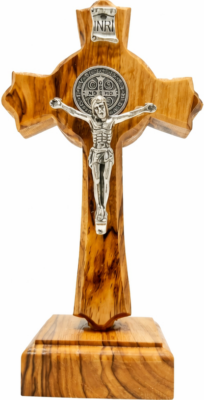 Handmade Bethlehem Olive Wood Crucifix with Base – Saint Benedict Cross with Silver 4.8 Inches