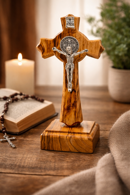 Handmade Bethlehem Olive Wood Crucifix with Base – Saint Benedict Cross with Silver 4.8 Inches