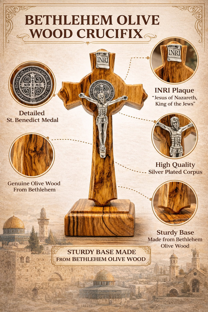 Handmade Bethlehem Olive Wood Crucifix with Base – Saint Benedict Cross with Silver 4.8 Inches