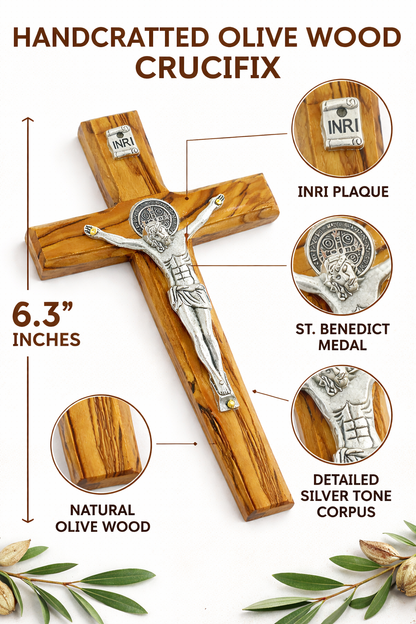 Handmade Olive Wood Saint Benedict Crucifix from Bethlehem – Catholic Wall Cross with - Additional View 9