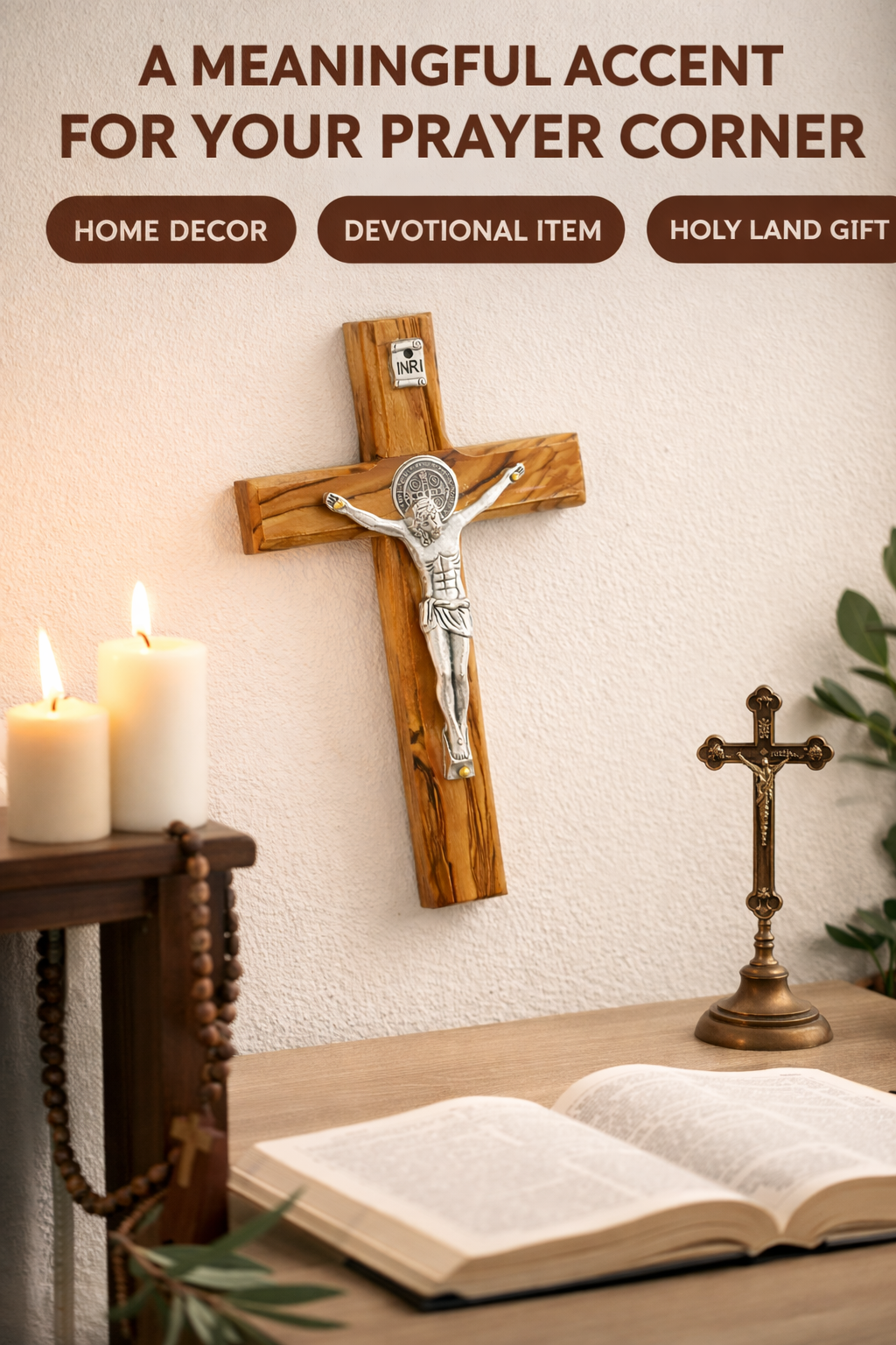 Handmade Olive Wood Saint Benedict Crucifix from Bethlehem – Catholic Wall Cross with - Additional View 10
