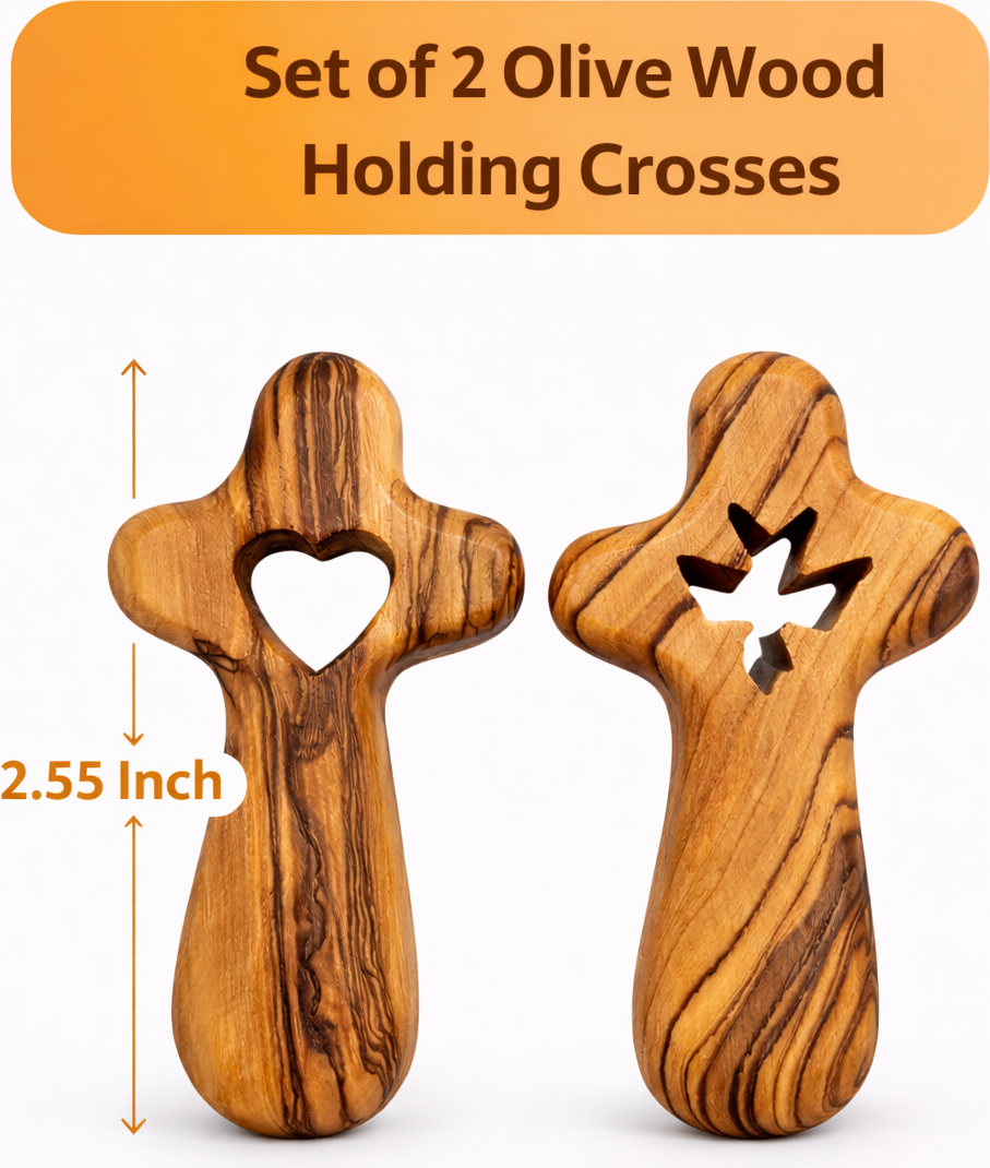 Set of 2 Handmade Olive Wood Crosses from Bethlehem – Heart and Dove Cutout Holy Land Christian Crosses with Velvet Pouches, 2.4 x 1.4 Inches