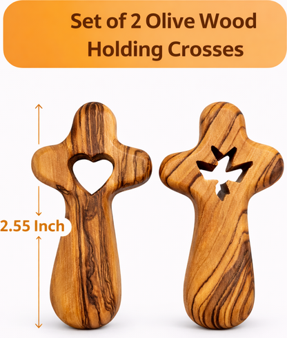 Set of 2 Handmade Olive Wood Crosses from Bethlehem – Heart and Dove Cutout Holy Land Christian Crosses with Velvet Pouches, 2.4 x 1.4 Inches