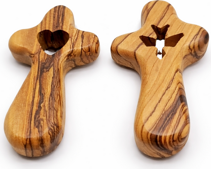 Set of 2 Handmade Olive Wood Crosses from Bethlehem – Heart and Dove Cutout Holy Land Christian Crosses with Velvet Pouches, 2.4 x 1.4 Inches