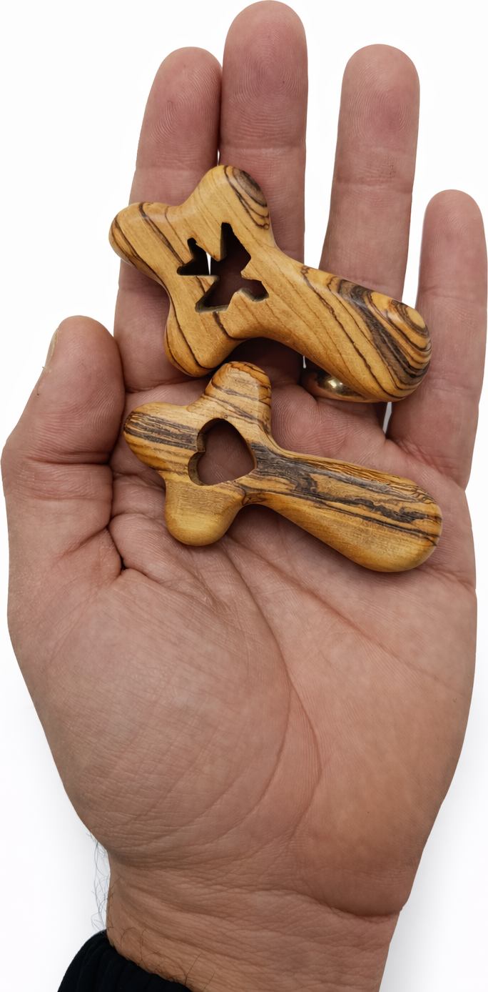 Set of 2 Handmade Olive Wood Crosses from Bethlehem – Heart and Dove Cutout Holy Land Christian Crosses with Velvet Pouches, 2.4 x 1.4 Inches