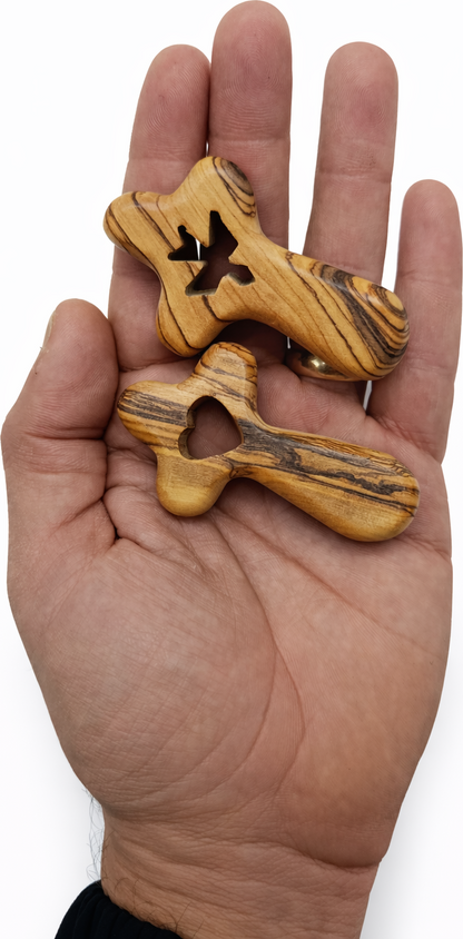 Set of 2 Handmade Olive Wood Crosses from Bethlehem – Heart and Dove Cutout Holy Land Christian Crosses with Velvet Pouches, 2.4 x 1.4 Inches